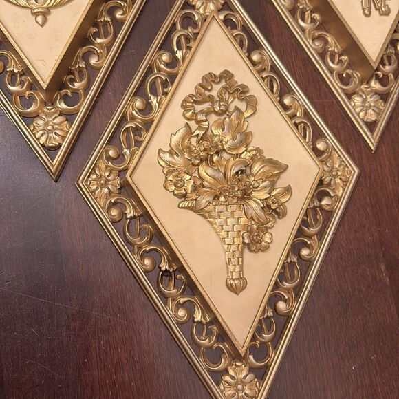 Vintage Hollywood Regency Diamond Shaped Wall Decor set of 4 by Syroco - Picture 5 of 9